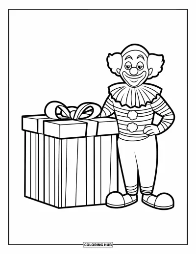 Coloriage de clowns pour enfants : Un clowns se tient à côté d'un énorme cadeau de fête avec un ruban