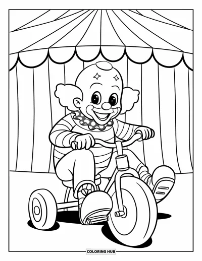 Coloriage de clowns pour enfants : Un clowns au grand sourire est assis sur un tricycle sous un chapiteau rayé