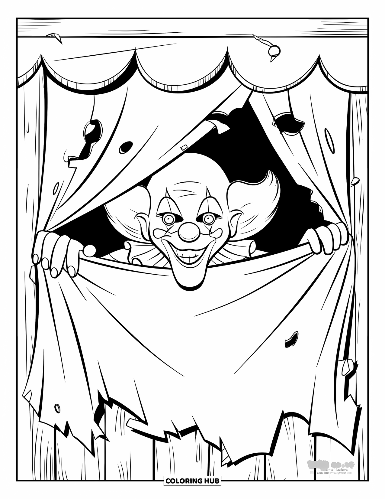 Clown Coloring Page for Kids: A clown with a broken smile hides behind a torn curtain in the tent