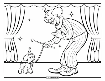 Coloriage de clowns pour enfants : Un clowns avec une baguette magique réalise un tour avec son chiot dans un chapiteau