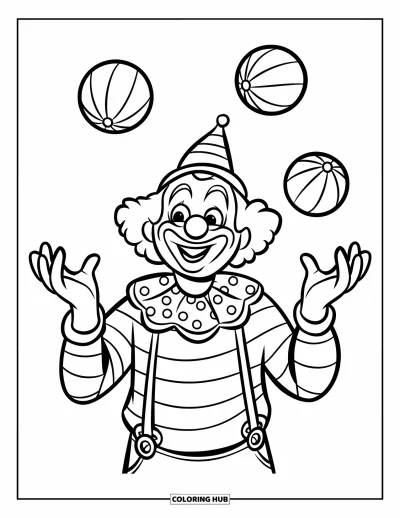 Coloriage de clowns pour enfants : Un clowns au nez rouge jongle avec trois balles sur fond blanc