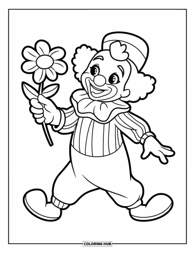 Coloriage de clowns pour enfants : Un clowns au nez rouge sourit en montrant une petite fleur
