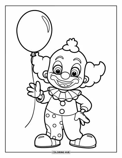 Coloriage de clowns pour enfants : Un clowns au nez rouge fait signe de la main avec un ballon sur fond épuré