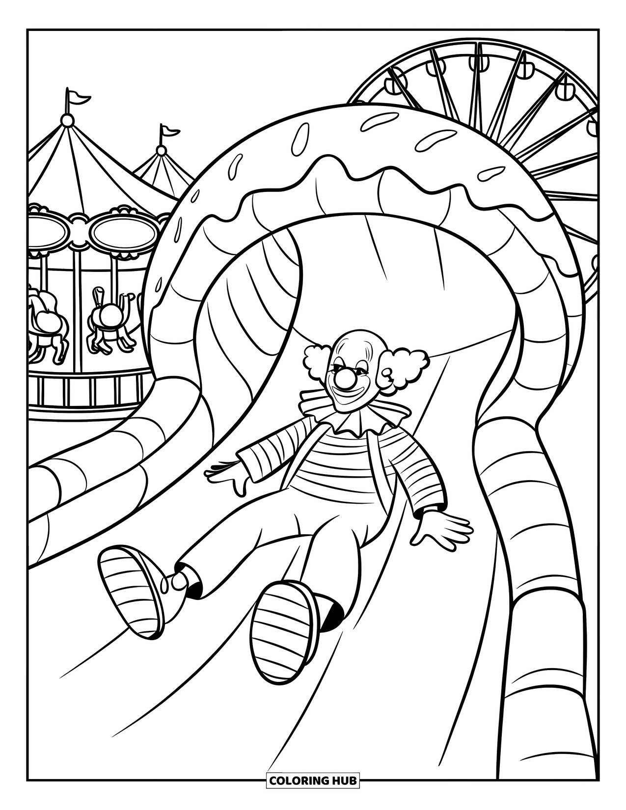 Clown Coloring Page for Kids: A clown zooms down an ice cream-shaped inflatable slide at the fair