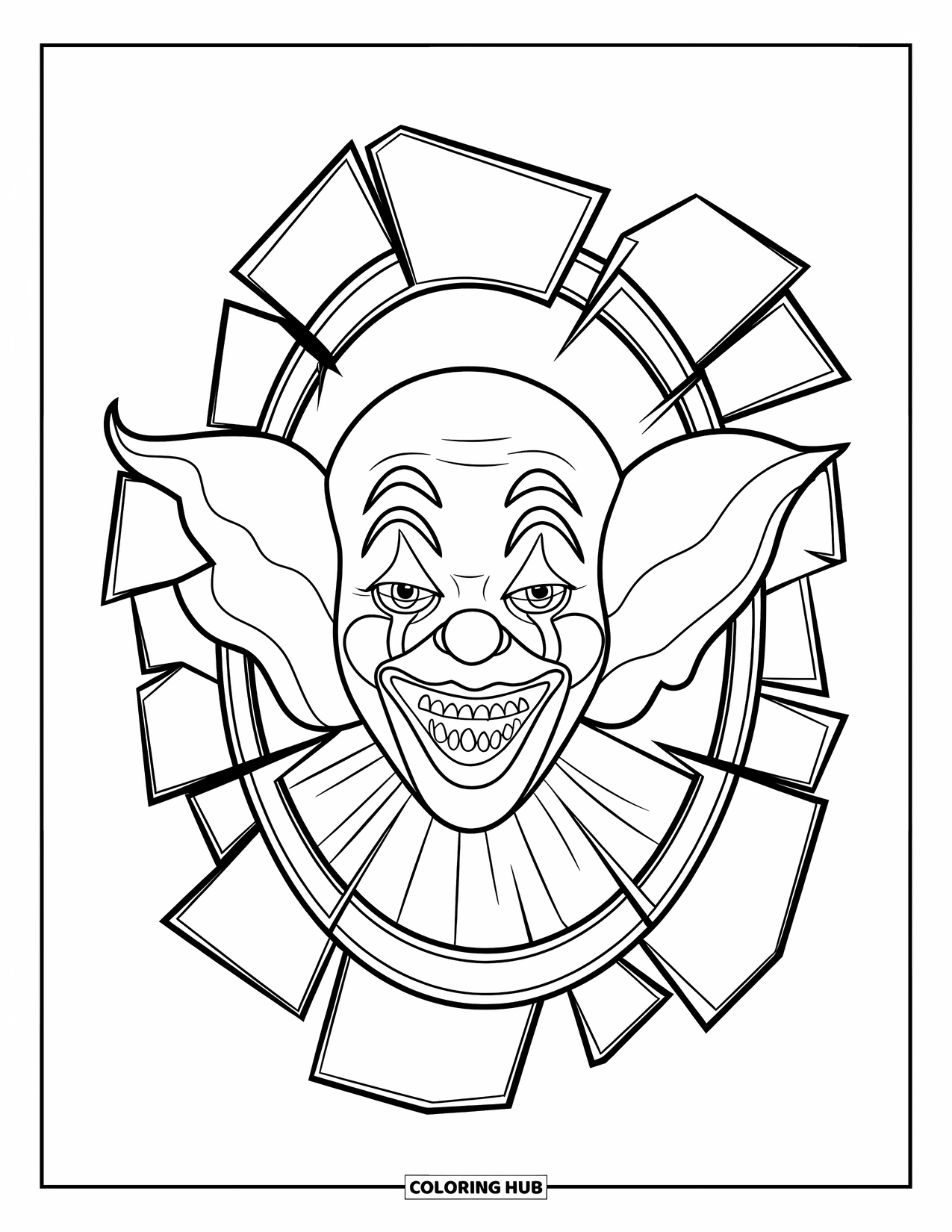Clown Coloring Page for Kids: A creepy clown face with sharp teeth reflects in a shattered mirror