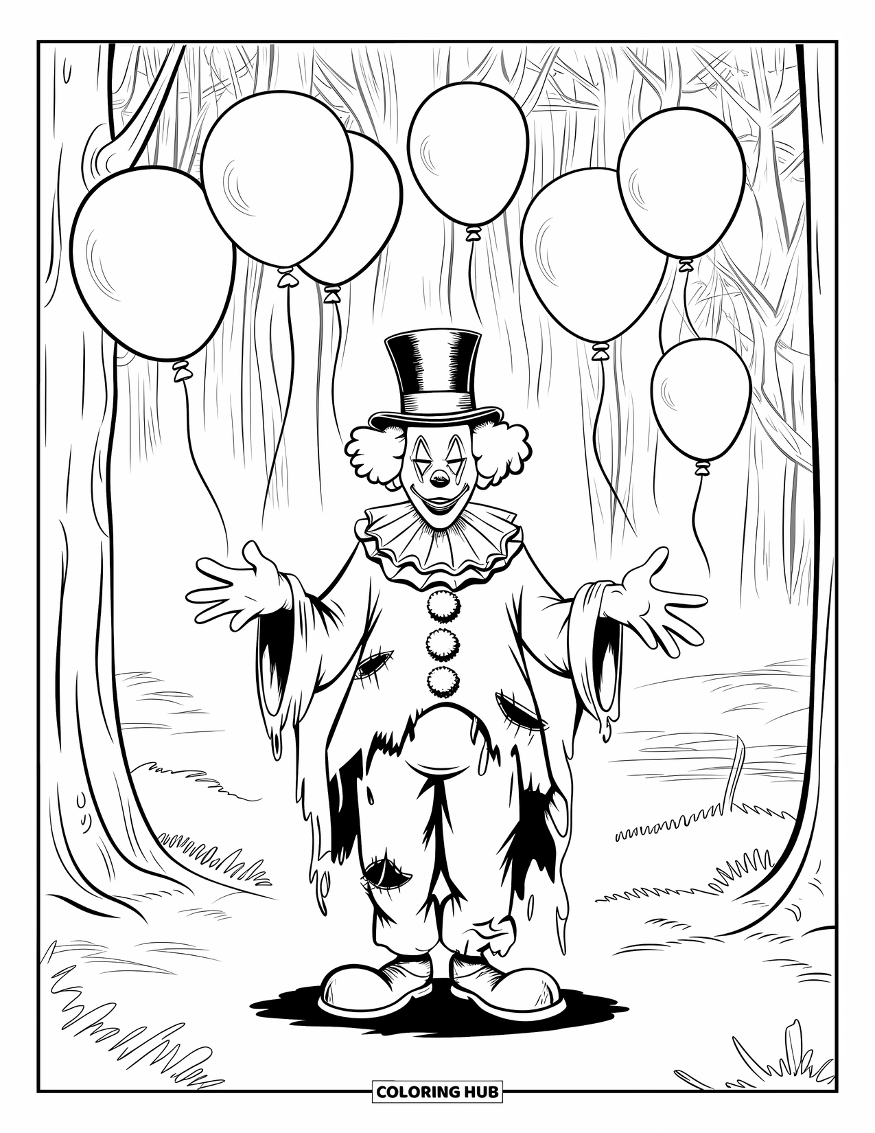 Clown Coloring Page for Kids: A ghostly clown stands in a forest clearing with balloon strings rising above