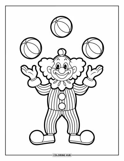 Coloriage de clowns pour enfants : Un clowns joyeux en rayures jongle avec trois balles en souriant largement