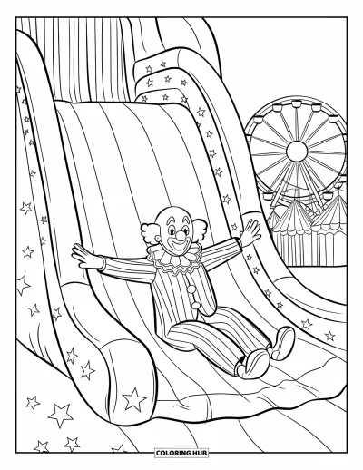 Coloriage de clowns pour enfants : Un clowns heureux dévale un toboggan étoilé avec des manèges en arrière-plan
