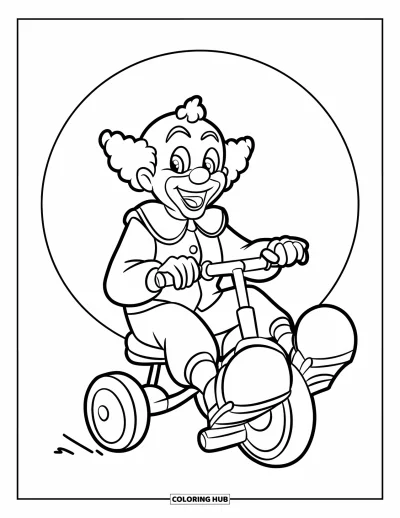 Coloriage de clowns pour enfants : Un clowns joyeux fait du petit tricycle dans un cercle blanc bien net