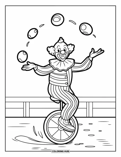Coloriage de clowns pour enfants : Un clowns jongleur fait du monocycle avec un large sourire