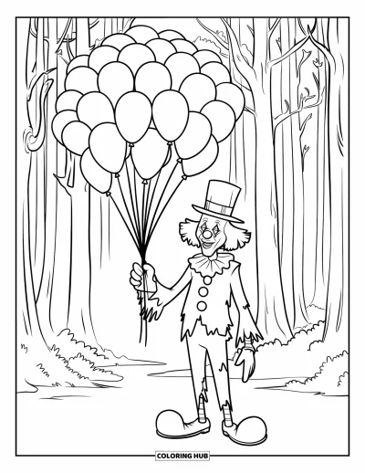 Coloriage de clowns pour enfants : Un grand clowns dégingandé tient un panier de ballons flottants dans une forêt dense