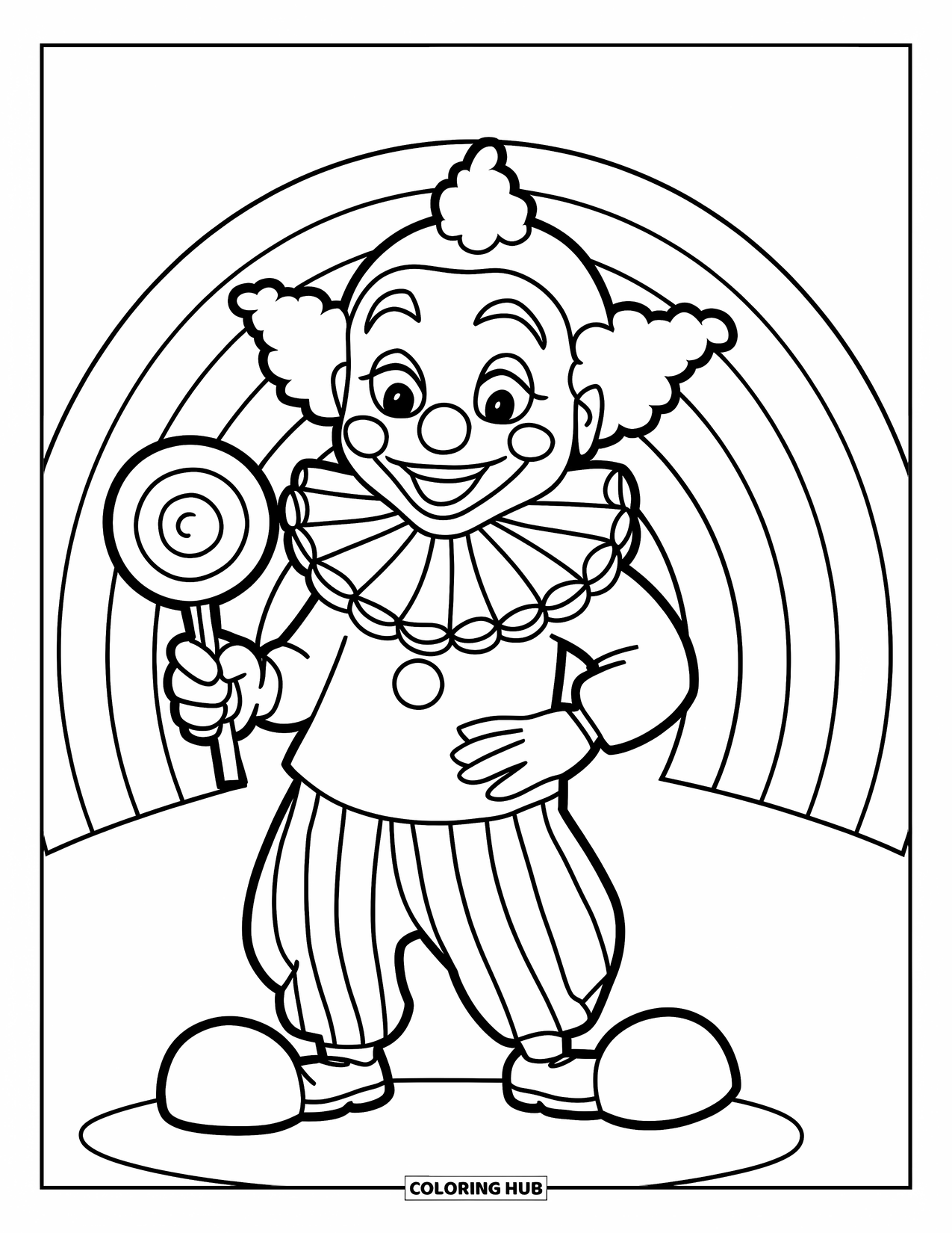Clown Coloring Page for Kids: A lollipop-holding clown smiles under a rainbow and bright sky
