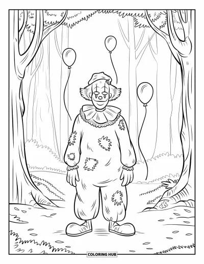Coloriage de clowns pour enfants : Un clowns pâle en costume déchiré se tient parmi des feuilles avec des ballons qui s'envolent