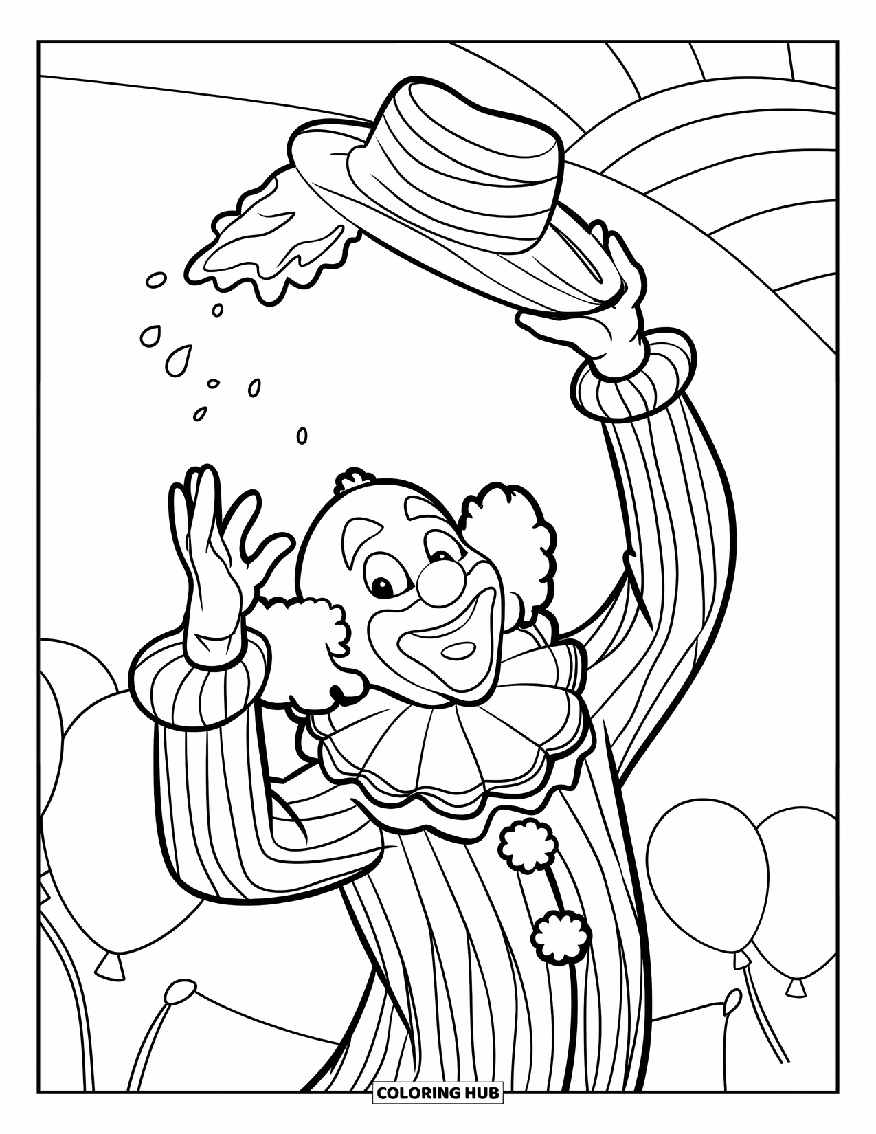 Clown Coloring Page for Kids: A playful clown flips a pie into his hat near balloons and a rainbow