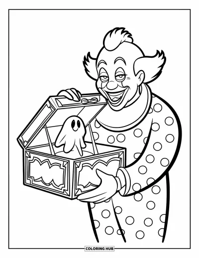 Coloriage de clowns pour enfants : Un clowns aux cheveux roux rit en tenant un diable à ressort inquiétant