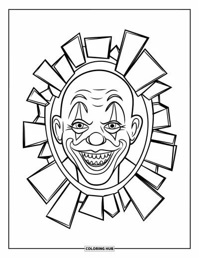 Coloriage de clowns pour enfants : Un visage de clowns aux dents acérées fixe le regard depuis un miroir fissuré