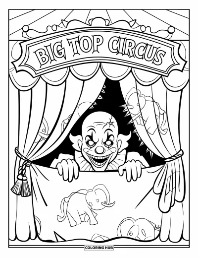 Coloriage de clowns pour enfants : Un clowns sinistre épie derrière un rideau usé avec des motifs de cirque