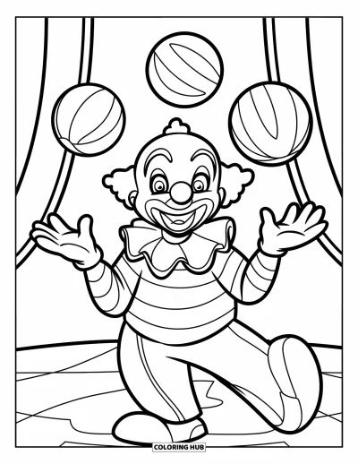 Coloriage de clowns pour enfants : Un clowns souriant jongle avec trois balles dans une pose simple et espiègle