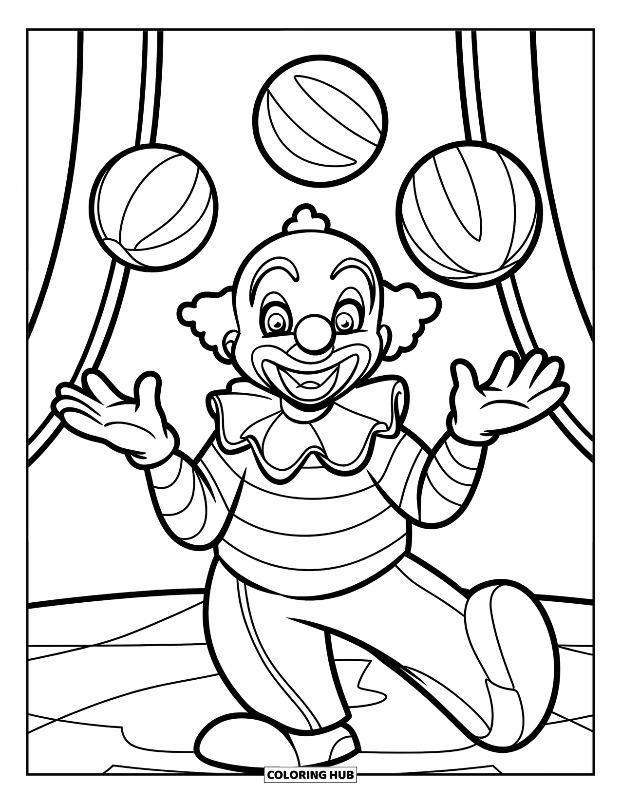 Clown Coloring Page for Kids: A smiling clown juggles three balls in a simple, playful pose