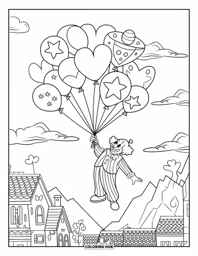 Coloriage de clowns pour enfants : Un clowns souriant s'élève au-dessus d'une ville de montagne avec des ballons en forme d'étoiles