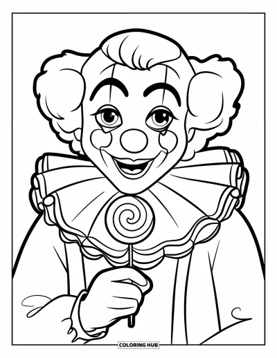 Coloriage de clowns pour enfants : Un clowns souriant aux grands yeux tient une immense sucette
