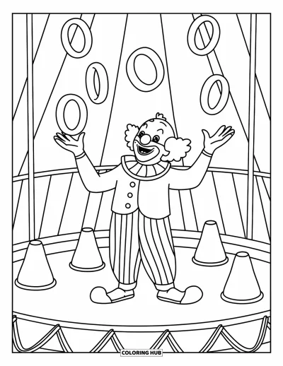 Coloriage de clowns pour enfants : Un clowns rayé vise des anneaux sur des cônes dans un chapiteau de cirque coloré