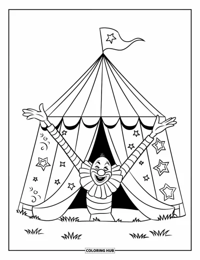 Coloriage de clowns pour enfants : Un clowns rayé étire ses longs bras depuis un petit chapiteau de cirque