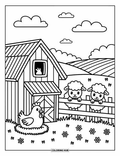 Coloriage de campagne pour adultes : Une basse-cour avec des moutons, des fleurs sauvages, un poulailler et des nuages gonflés au-dessus du champ