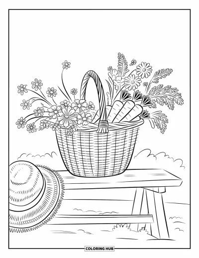 Coloriage de campagne pour adultes : Un panier de fleurs et de carottes à côté d'un chapeau de paille sur un banc