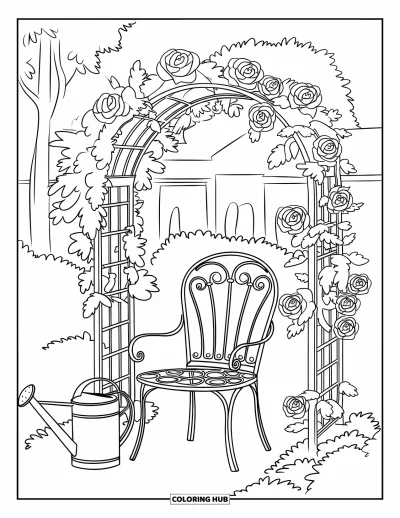 Coloriage de campagne pour adultes : Une chaise et un arrosoir sous une arche fleurie dans un jardin