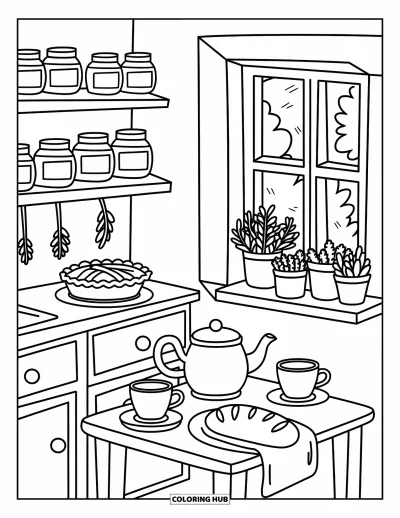 Coloriage de campagne pour adultes : Une cuisine campagnarde avec des étagères de bocaux, une tarte, des tasses à thé et des herbes près de la fenêtre