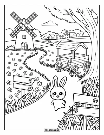 Coloriage de campagne pour adultes : Un sentier de campagne avec une charrette, des fleurs, un lapin espiègle et des panneaux vers un étang