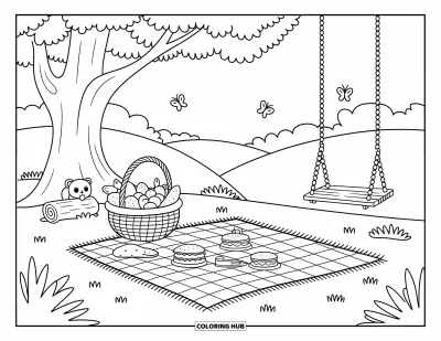 Coloriage de campagne pour adultes : Un pique-nique douillet avec des fruits, un écureuil, des papillons et une balançoire sous un arbre