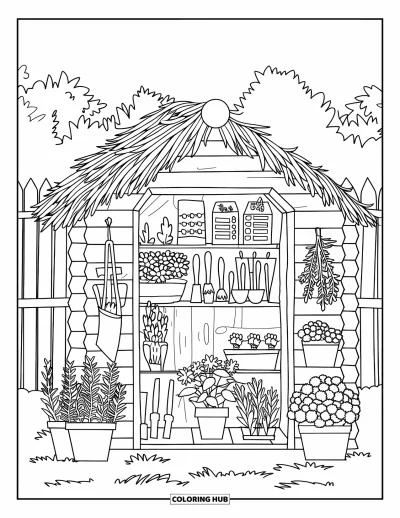 Coloriage de campagne pour adultes : Une remise chaleureuse avec des pots de jardin, des outils, des herbes aromatiques et une clôture à proximité