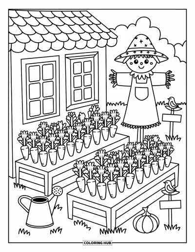 Coloriage de campagne pour adultes : Un sympathique épouvantail, des carottes, des choux et des oiseaux dans un jardin près d'un cottage