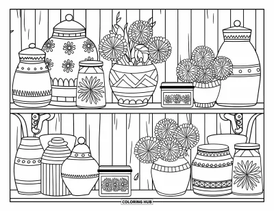 Coloriage de campagne pour adultes : Une étagère décorée avec des bocaux, des fleurs et des boîtes sur un fond en bois