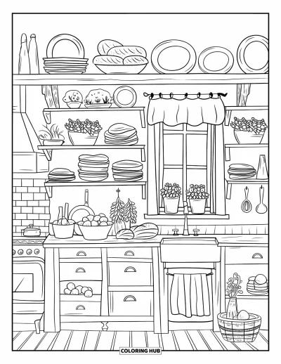 Coloriage de campagne pour adultes : Une cuisine de ferme avec de la vaisselle empilée, du pain et des plantes en pot sur des étagères