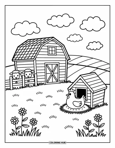 Coloriage de campagne pour adultes : Une ferme avec une grange, des moutons, un poulailler et des nuages moelleux au-dessus