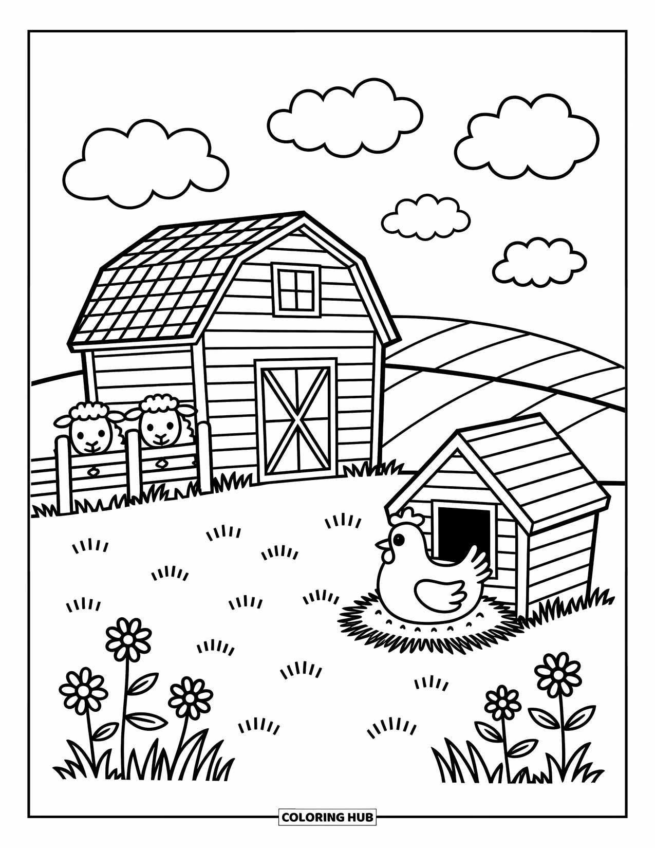 Country Coloring Page for Adults: Farmyard with a barn, sheep, chicken coop, and fluffy clouds above