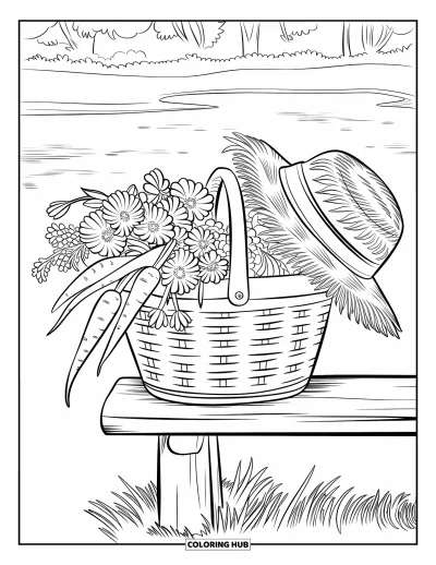 Coloriage de campagne pour adultes : Des fleurs et des carottes dans un panier avec un chapeau de paille au bord de l'eau