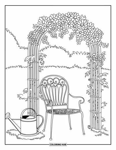 Coloriage de campagne pour adultes : Un coin de jardin avec une arche fleurie, une chaise et un arrosoir