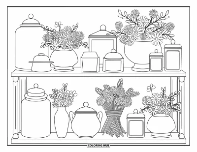 Coloriage de campagne pour adultes : Une étagère soigneusement arrangée avec des décorations campagnardes, des bocaux et des bouquets de fleurs séchées
