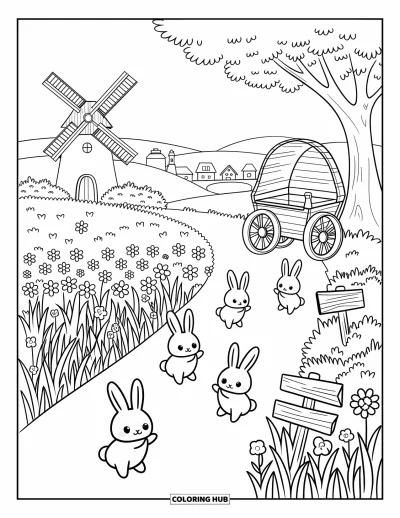 Coloriage de campagne pour adultes : Un sentier avec des lapins, un moulin à vent et des panneaux pointant vers un étang tranquille