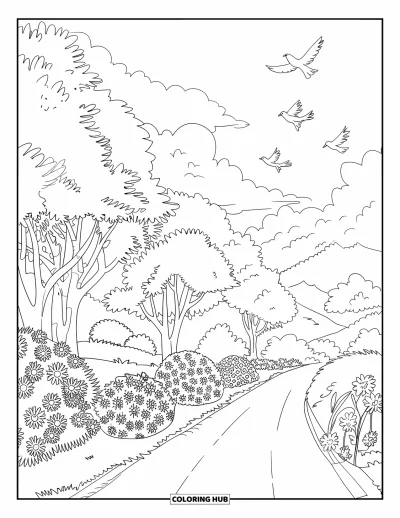 Coloriage de campagne pour adultes : Une paisible route de campagne avec des fleurs, des arbres et des oiseaux qui planent au-dessus