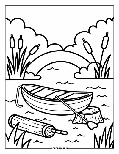 Coloriage de campagne pour adultes : Une rive paisible avec une barque, des roseaux, un pont et une canne à pêche posée sur un tronc d'arbre