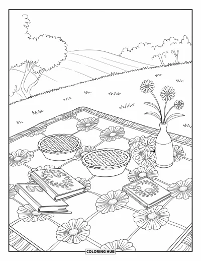 Coloriage de campagne pour adultes : Une couverture de pique-nique avec des tartes, des livres reliés et des fleurs dans un vase