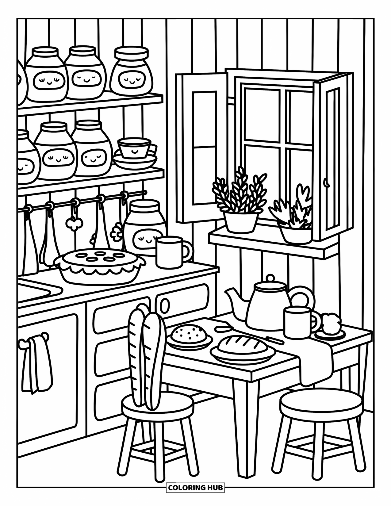 Country Coloring Page for Adults: Pie on a windowsill, jars, teacups, and herbs in a cottage kitchen
