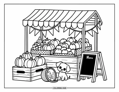 Coloriage de campagne pour adultes : Des citrouilles et des pêches sur un étal de marché avec des guirlandes et un chiot près d'un panier
