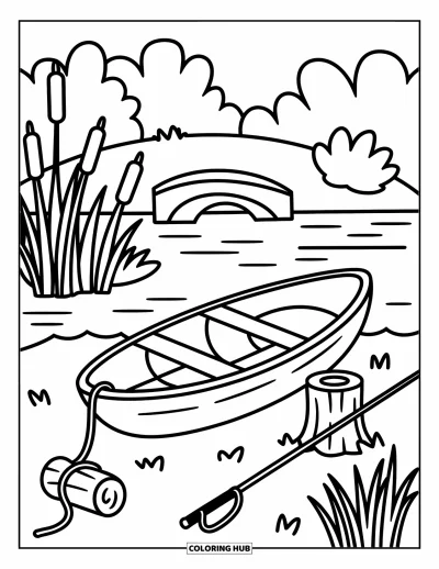 Coloriage de campagne pour adultes : Une barque amarrée près de roseaux avec une canne à pêche et un petit pont en vue