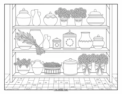 Coloriage de campagne pour adultes : Une étagère rustique remplie de bocaux, de boîtes à thé et de fleurs sur un sol à carreaux